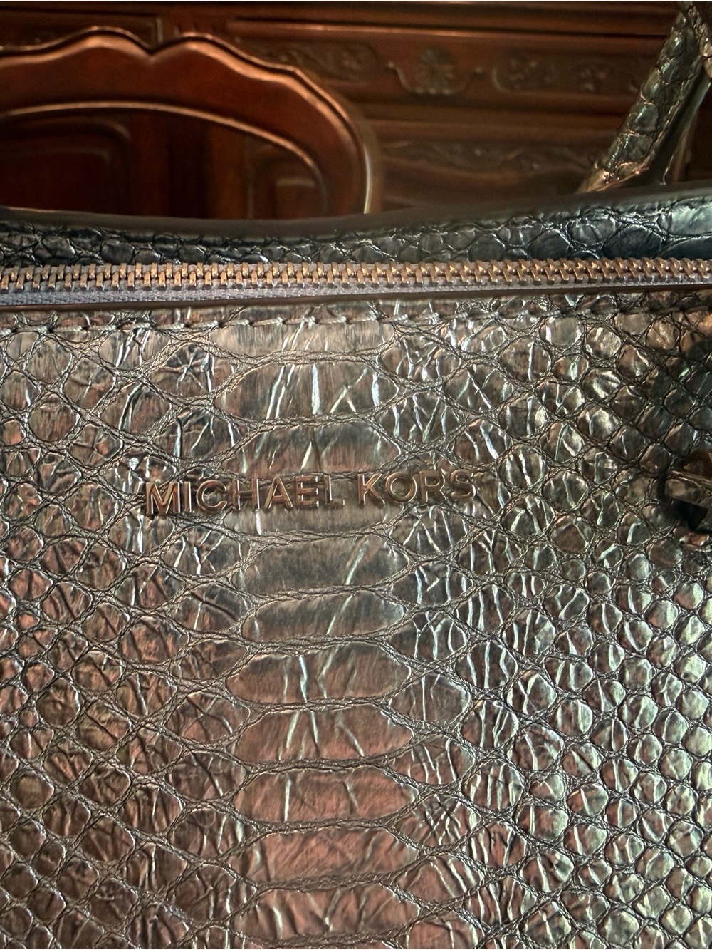 Michael Kors Metallic Silver Python-Embossed Satchel - Picture 3 of 11
